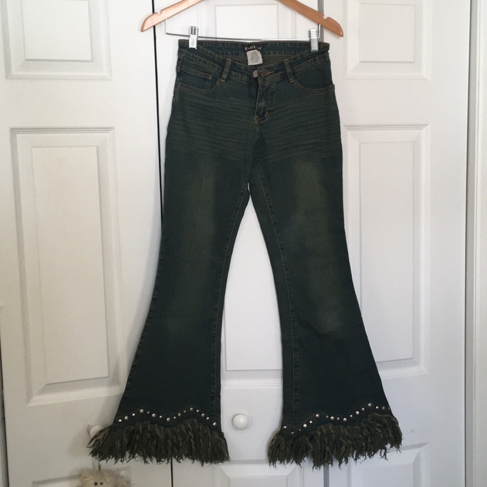 Bebe denim jeans, flare bell bottom fringe, 26
